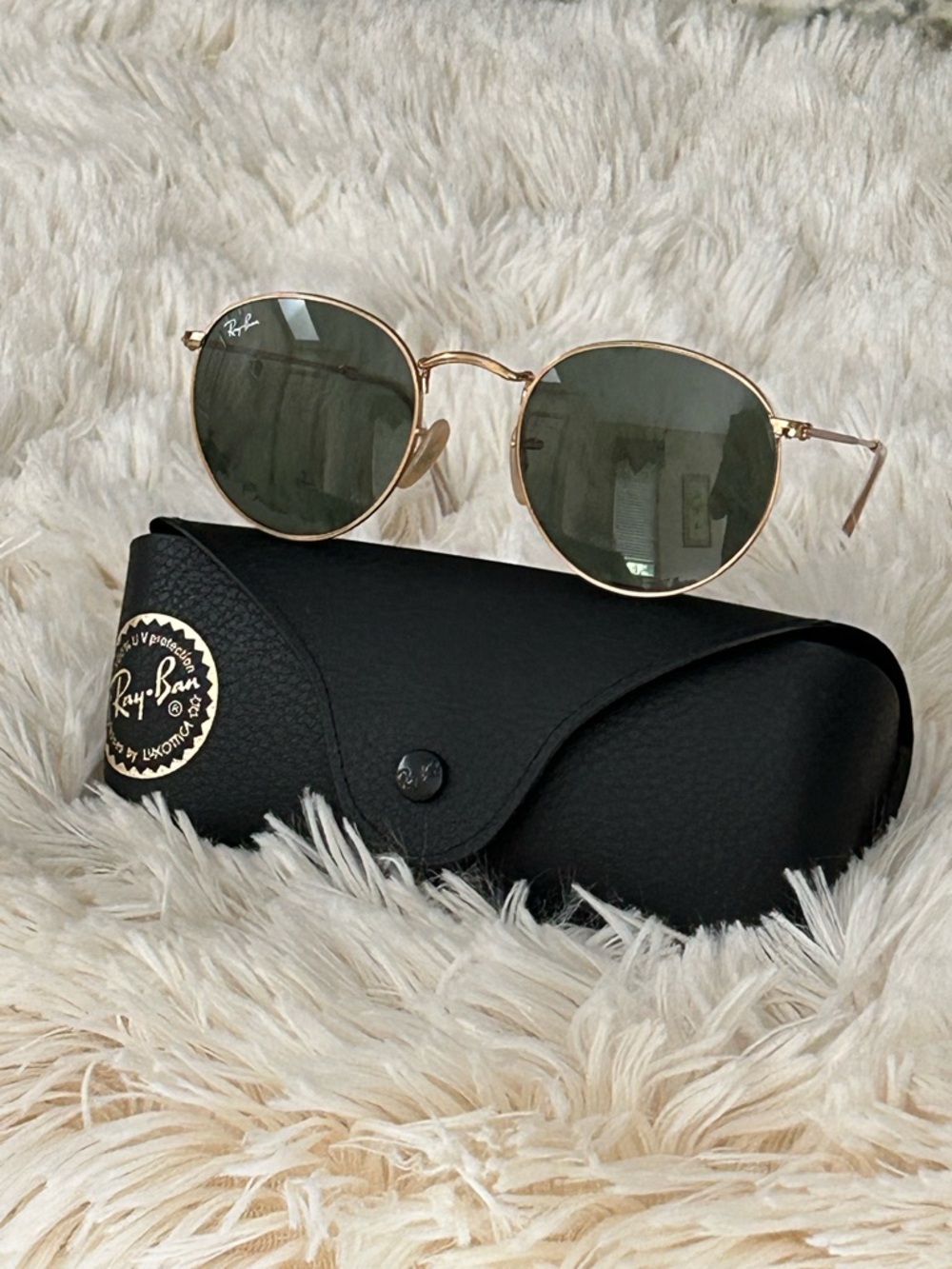 Ray Ban 3447 Round Gold Metal Frame Sunglasses Green Lenses Case Unisex Italy - Picture 3 of 14